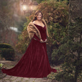And Winter 2025 Women's Gold Velvet Pregnant Woman V-Necked Tail Dress Photo Dress 1937 Maternity