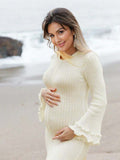 White Knit Pleated Tie Back Ruffle Falbala Frill Hem Backless Big Swing Elegant Cocktail Party Gown Maternity Photoshoot Baby Shower Maxi Dress Maternity
