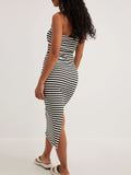 Back Striped Strapless Bodycon Midi Dress DJPT
