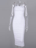 White Spaghetti Strap Bandeau Backless Ruffle Bodycon Cute Baby Shower Maternity Midi Dress Maternity