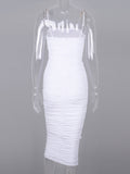 White Spaghetti Strap Bandeau Backless Ruffle Bodycon Cute Baby Shower Maternity Midi Dress Maternity
