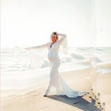 White Sexy Deep V Collar Horn Sleeve Lace Perspective Tight Tail Dress 1943 Maternity