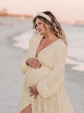 Ivory White Single Breasted Open Front Big Swing Deep V-neck Robe Elegant Wedding Gown Maternity Boho Photoshoot Baby Shower Maxi Dress Maternity