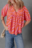 Stripe Print Ruched Cuff Half Sleeve V Neck Blouse DJPT