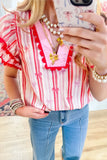 Trim Ruffled Sleeve Striped Printed Blouse DJPT