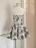 A line Strapless Sleeveless Red Floral Party Dress Short Birthday Dresses SD352