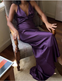 A-Line V Neckline Grape Satin Long Prom Dresses Formal Evening Dress SD1389