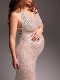 Rose Gold Glitter Sparkly Backless Slit Tie Back Photoshoot Party Maternity Maxi Dress Maternity