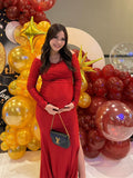 Off Shoulder Long Sleeve Slit Bodycon Solid Baby Shower Party Evening Gown Maternity Maxi Dress Maternity