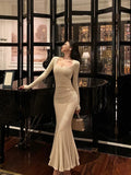 Mermaid Square Neckline Long Sleeves White Long Prom Dresses Birthday Dress SD292