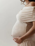 Apricot Off Shoulder Ruched Pleated Big Swing Maternity Baby Shower Maxi Dress Maternity