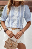 Detail Striped Round Neck Half Sleeve Blouse DJPT
