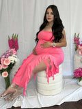 Rose Carmine Ruffle Slit Bodycon Fashion Party Photoshoot Babyshower Maternity Midi Dress Maternity