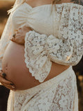 Boho Lace Off Shoulder Lace Tassel Crop 2-in-1 Side Slit Ruffle Photoshoot Maternity Maxi Dress Maternity