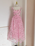 A Line Straps Pink Floral Tulle Lace Prom Dresses Birthday Outfits SD377