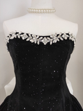 A Line Strapless Black Velvet Ruffles Vacation Dresses Short Birthday Outfits SD337