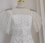 A line Square neckline Tulle White Sequin Party Dress Short Birthday Dresses With Beads SD378