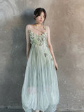 A line Spaghetti Straps Floral Green Prom Dresses Birthday Dress For Women SD247
