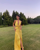 A line Halter Neckline Long Yellow Prom Dress Evening Dress Formal Dress SD2161