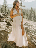 Solid Color Cut Out V-Neck Side Slit Backless Tassel Halter Neck Vacation Photoshoot Maternity Maxi Dress Maternity