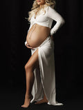 White 2 Pieces Ruched Drawstring Knot Side Slit Backless V-neck Baby Shower Photoshoot Maternity Maxi Dress Maternity