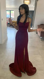 Mermaid Spaghetti Straps Burgundy Long Evening Dress Satin Prom Dresses SD1507