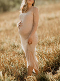 Mesh Solid Color Beading Pearl Rhinestone Long Sleeve Cover-ups Side Slit Photoshoot Maternity Maxi Dress Maternity