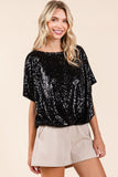 Sequin Short Sleeve Elastic Band Hem Top DJPT