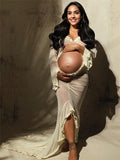 Ivory Sheer Ruffle Cut Out Crop Slit Falbala Deep V-neck Mermaid Elegant Maternity Photoshoot Maxi Dress Maternity