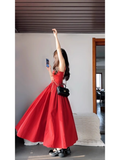 A Line Spaghetti Straps Red Backless Ruffles Long Prom Dresses Birthday Outfits SD510
