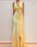 Mermaid V Neckline Satin Yellow Long Prom Dresses Formal Evening Dresses SD2709