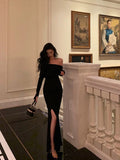 Sheath Off The Shoulder Black Slit Long Sleeves Prom Dresses Birthday Outfits SD405