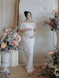 White Off Shoulder 3D Flowers Grenadine Sheer Bodycon Elegant Beach Photoshoot Baby Shower Maternity Maxi Dress Maternity