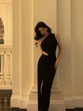 Sheath One Shoulder Black Slit Long Prom Dresses Evening Dress SD410