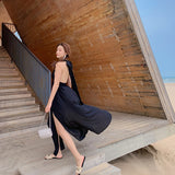Neck V Collar Bare Back Chiffon Dress Women Summer Skinny Beach Dress Seaside Vacation Travel Super Fairy Long Skirt