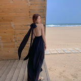 Neck V Collar Bare Back Chiffon Dress Women Summer Skinny Beach Dress Seaside Vacation Travel Super Fairy Long Skirt