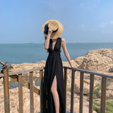 Neck V Collar Bare Back Chiffon Dress Women Summer Skinny Beach Dress Seaside Vacation Travel Super Fairy Long Skirt