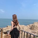Neck V Collar Bare Back Chiffon Dress Women Summer Skinny Beach Dress Seaside Vacation Travel Super Fairy Long Skirt