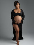 Black Ruffle Cut Out Crop Side Slit Irregular Bodycon Photoshoot Maternity Maxi Dress Maternity