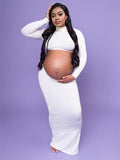 Solid Color Ruffle High Neck Crop Top 2-in-1 Long Sleeve Bodycon Club Party Photoshoot Maternity Maxi Dress Maternity