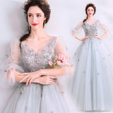 New Gray Long-Sleeved Dinner Annual Stage Show Host Walk Wedding Dress Dress Spring
