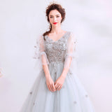 New Gray Long-Sleeved Dinner Annual Stage Show Host Walk Wedding Dress Dress Spring