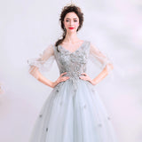 New Gray Long-Sleeved Dinner Annual Stage Show Host Walk Wedding Dress Dress Spring