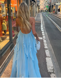 A Line Halter Blue Chiffon Backless Long Evening Dress Prom Dresses SD1660
