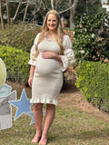 Ruffle Off Shoulder Long Sleeve Bodycon Baby Shower Maternity Midi Dress Maternity