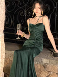Sheath Spaghetti Straps Floor Length Green Satin Prom Dresses Birthday Dress SD452