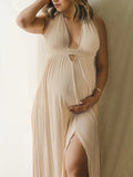 Solid Color Cut Out V-Neck Side Slit Backless Tassel Halter Neck Vacation Photoshoot Maternity Maxi Dress Maternity