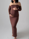 Brown Off Shoulder Long Sleeve Bodycon Elegant Going Out Maternity Photoshoot Baby Shower Party Maxi Dress Maternity