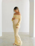 Yellow Knit Off Shoulder Flare Sleeve Mermaid Bodycon Elegant Vacation Photoshoot Baby Shower Maternity Maxi Dress Maternity