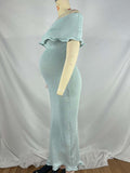 Light Blue Knit Off Shoulder Wire Ripple Hem Bodycon Elegant Cocktail Party Maternity Baby Shower Midi Dress Maternity